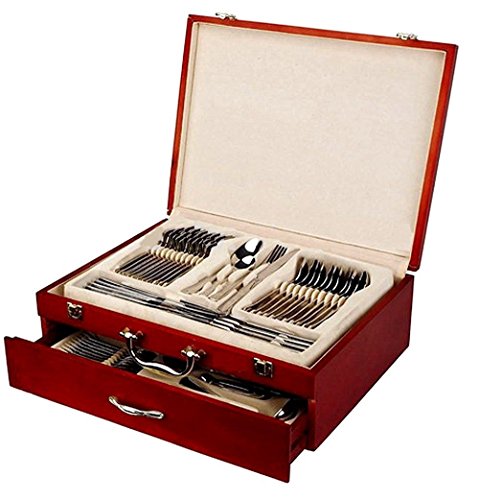 Venezia Collection Gold Flatware Serving Set for 12, 75-Pc Luxury Dining Silverware Cutlery Service, 24 Kt 18/10 Premium Surgical Stainless Steel Hostess Set in a Wooden Storage Case Chest