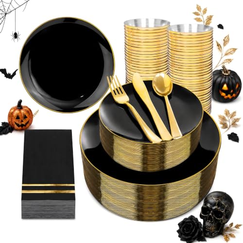 NOCCUR Black and Gold Plastic Dinnerware Set for 50 Guests
