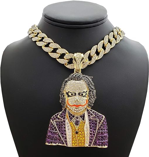 Iced Gold Silver Plated Large Joker Cubic Zirconia Bling Pendant 16" ~ 30" Cuban Chain Hip Hop Style Jewelry Necklace Gift for Men, Women2