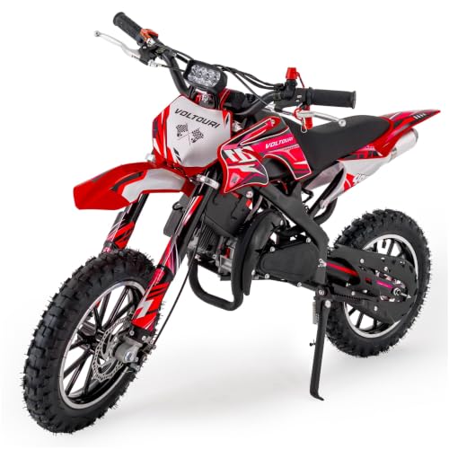Moto tout-terrain essence Mini Cross 49cc, démarrage électrique + lanceur manuel, phare LED, pneus 10 pouces, vitesse max 35 km/h. (ROUGE, Démarrage électrique Avec LED)