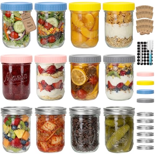 CycleMore 16oz Wide Mouth Mason Jars Airtight Lids, 12 -