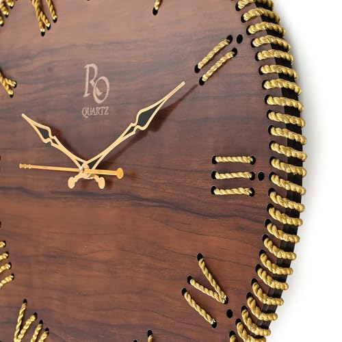 Image of Wooden Round Shape Roman Dial Wall Clock with Gold Zari Rope Detailing and Golden Hands | Silent Quartz Movement Anti Reflection Analog Vintage Clock for Home & Office (Brown, 15.5 Inch)