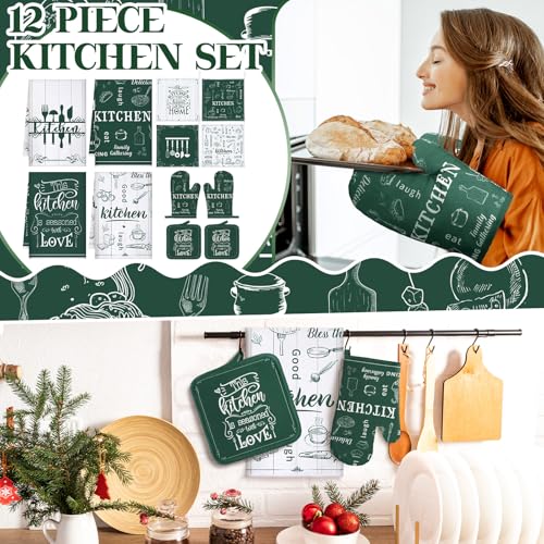 12 Pcs Farmhouse Kitchen Decor and Accessories Sets 4 Green Kitchen Towels 4 Absorbent Dishcloths 2 Pot Holders 2 Oven Mitts Gloves for Home Decorations Mom Gifts by Bencailor - Image 2