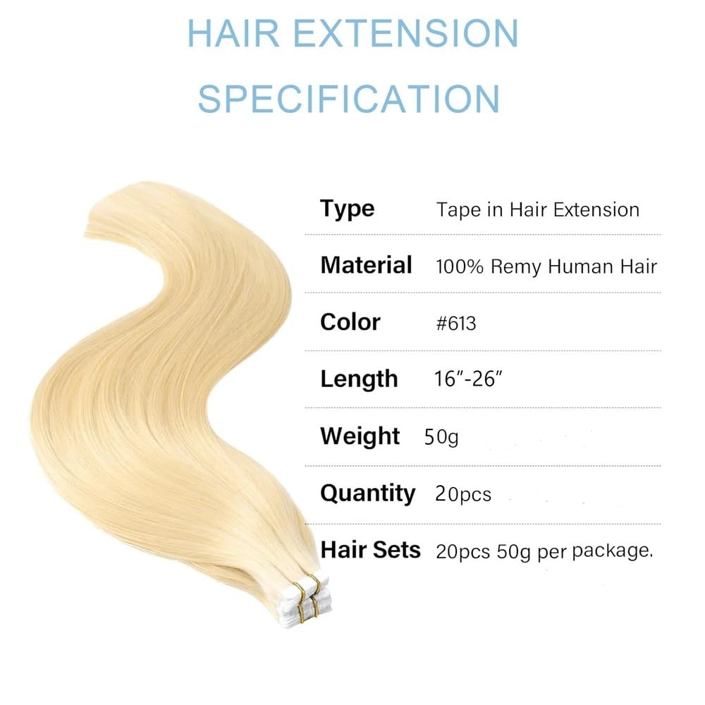 Taśma w rozszerzeniach Taśma w doczepianych włosach #613 Blond doczepy z ludzkich włosów Remy 20 sztuk/50g jedwabiście proste dwustronna niewidoczna taśma doczepach Niewidzialne włosy(26 inches)