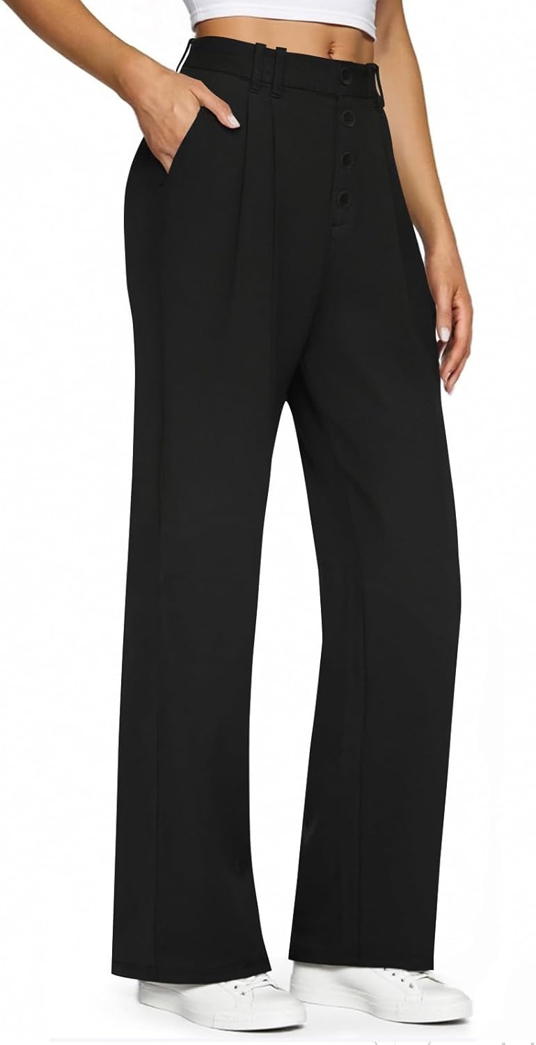 Womens Stretchy Dress Pants Straight Wide Leg Work Trousers Business Casual Pull On Office Slacks with Pokets