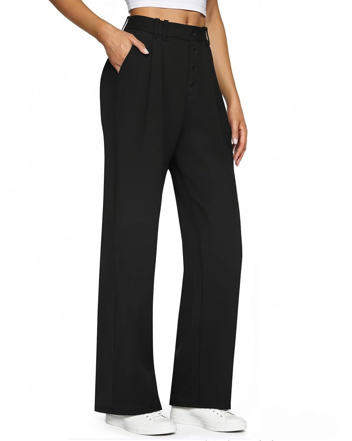 Womens Stretchy Dress Pants Straight Wide Leg Work Trousers Business Casual Pull On Office Slacks with Pokets