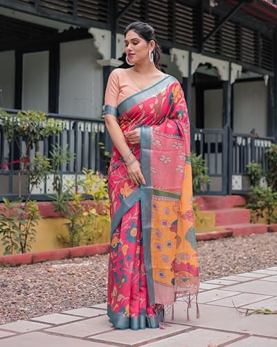 Image of Kaugalian store Linen Cotton Floral Printed Saree for Women with Unstitched Blouse Piece | 5.5 M Saree & 0.8 M Blouse