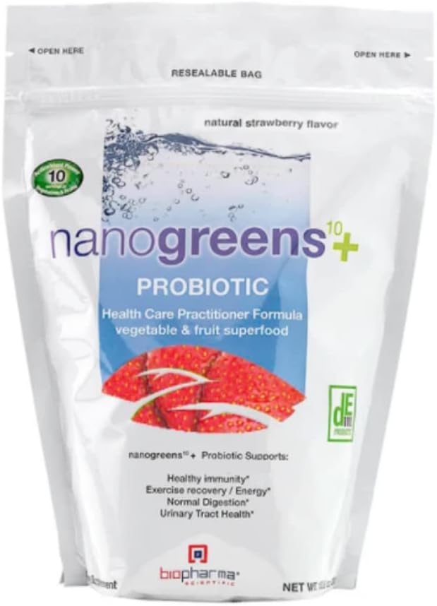 Biopharma Scientific NanoGreens + Probiotic Fruit and Vegetable Superfood Powder | Natural Strawberry Flavor | 30 Servings | Spirulina, Chlorella, Kale, Probiotic Bacillus Subtilis