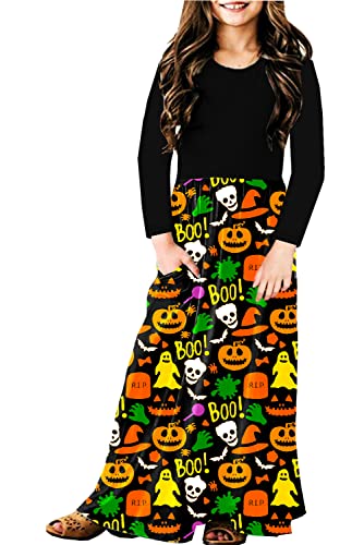 Image of Halloween Girls Pumpkin Boo Dresses Cute Party Long Sleeve Halloween Outfit 13-14 Years