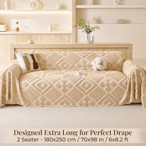 Image of HOKIPO Urban Loom 240 GSM Sherpa Sofa Cover 2 Seater Throw, Camel Diamond