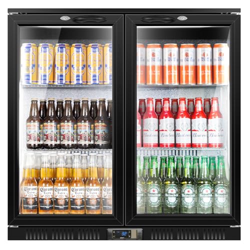 Image of Tylza Back Bar Cooler With 2 Glass Doors, 200L Under Counter Back Bar Refrigerator with LED Lighting, Safety Locks, Counter Height Bar Beverage Cooler for Beer, Soda Drinks, Wine, Black