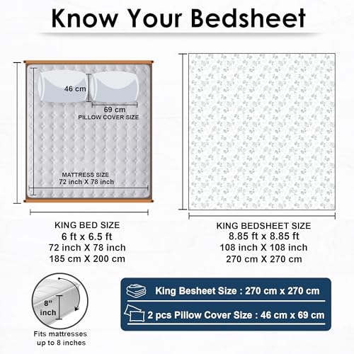 Image of Story@Home Luxe 400 TC Sateen Weave 100% Cotton Bedsheet King 108 x 108 Inches Floral Printed Soft Flat Sheet with 2 Pillow Covers 18 x 27 Inch -White & Grey-Gift Packaging