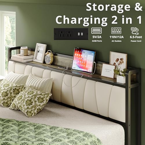 LIKIMIO California King Bed Frame, Storage Headboard with Charging Station, Solid and Stable, Noise Free, No Box Spring Needed, Easy Assembly (Walnut and Beige)