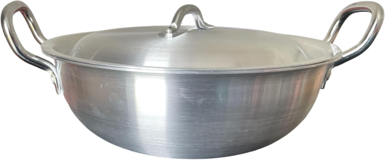 Hometronics Aluminum Kadai Large Wok with Lid & Handle-Heavy Base Deep Frying Pans with Lids for Even Heat Distribution-Gas Compatible Wok Nonstick Saute Pan with Lid-Ideal for Deep Frying (24 cm)