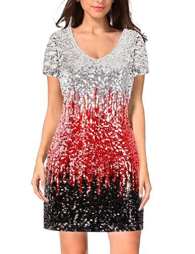 Image of MANER Women's Sequin Glitter Short Sleeve Dress Sexy V Neck Mini Party Club Bodycon Dresses