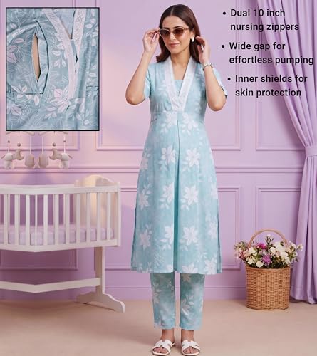 Image of DUMMY SHAPE Maternity Dresses for Women Cotton | Floral Kurta Pant Dupatta Set with Nursing Zippers, Side Pocket | Pre & Post Pregnancy | Feeding Kurti Suit | Baby Shower | Gifts for Pregnant Woman