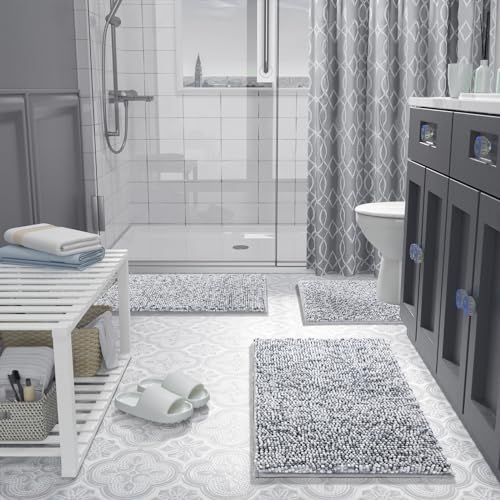 Image of Yimobra Bath Mats for Bathroom Non Slip, 31.5x20, Extra Soft Chenille Bathroom Rugs, Fluffy Plush Luxury Shower Mat Outside, Water Absorbent, Machine Washable, Sink and Tub, Light Grey & Dark Grey