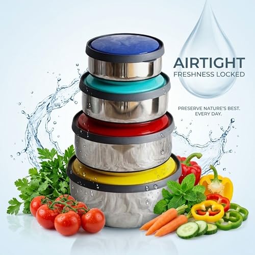 Image of Swiss Airtight Stainless Steel Bowl Set, 4 Piece, with Colourful Lids, 12, 14, 16, 18 cm