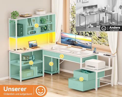 Coleshome Eckschreibtisch mit 5 Schubladen & 4 Regalen, 200×110cm Schreibtisch L-Form mit LED, Steckdosen & USB, großer Schreibtisch für Homeoffice, Weiß