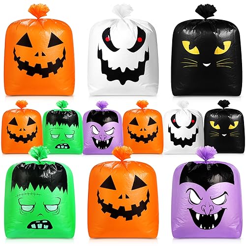 Qilery 12 Pcs Halloween Leaf Lawn Bags Plastic Pumpkin Trash Bags for Leaves with Twist Ties for Halloween Yard Garden Outdoor Party Favors Decorations