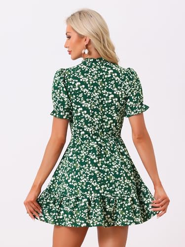 Image of Allegra K Womens Floral Chiffon Mini Dress Ruffle Hem Puff Short Sleeve | Ruffled Tie Neck, Summer Style, Sweet and Chic for Vacation Beach Wear