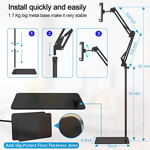 Aswinn Tablet Floor Stand, Adjustable Universal 360-Degree Rotatable Metal Tablet Holder, Ipad Stand Floor For Ipad/Iphonex/Ipad Pro Or Other 4.5~12.9 Inches Devices (Black) #TOP4
