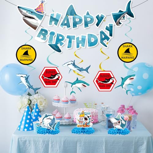 Image of Shark Birthday Party Decorations, 13Pcs Shark Banners Hanging Swirl Birthday Honeycomb Centerpiece, Under The Sea Themed Party Decorations for Boys
