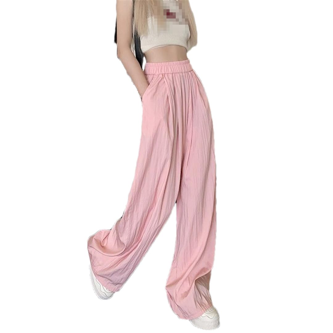 Pulcykp Elastic Waist Casual Wide Leg Pants Women Pleated Loose High Waist Straight Leg Long Pants
