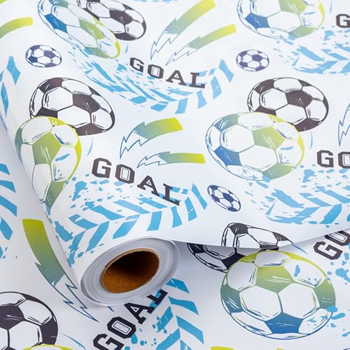 Yarcony Soccer Wrapping Paper Blue Green Sports Soccer Ball Gift Wrap for Boys Teens for Birthday Soccer Fans Fathers Day Graduation Holiday World Cup Party (Mini Roll 17 In x 16.5 Ft)