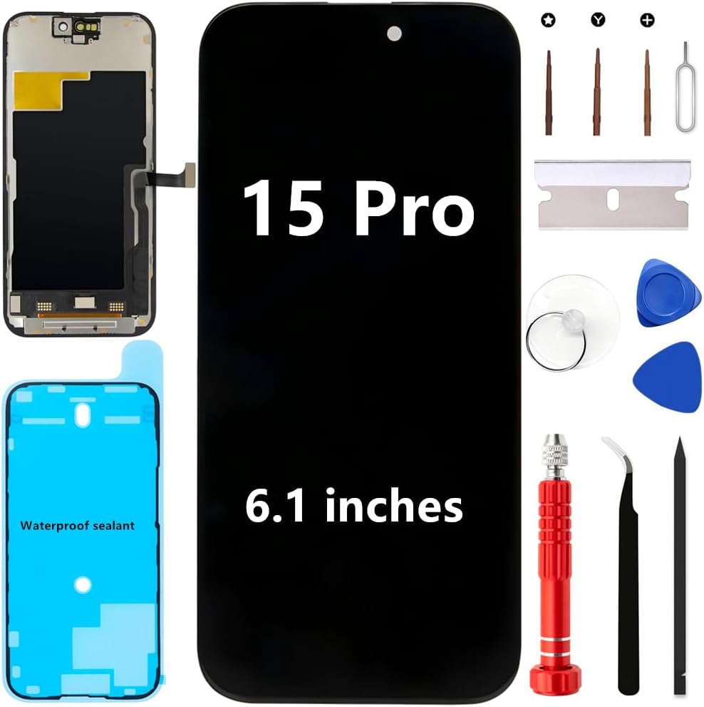 for iPhone 15 Pro Screen Replacement Kit 6.1'' Full HD LCD Display 3D Touch Digitizer Assembly Includes Repair Tools and Waterproof sealant (Compatible with A2848, A3101,A3102,A3104)
