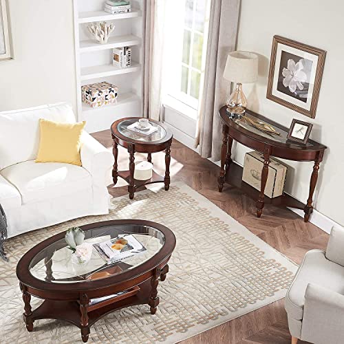Leemtorig Solid Wood End Tables Living Room, Oval Round Side Tables With Glass Top And Storage Shelf, Traditional Carved Legs Nightstand For Bedroom, Cherry Walnut Cjz-1533-Gt #TOP6