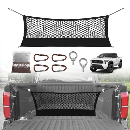 Muslogy Truck Bed Cargo Net Trunk Netting Compatible with 2024 2025 2026 Toyota Tacoma Accessories, Pickup Cargo Organizer SUV Sedan Storage Net w/Heavy Duty Carabiners