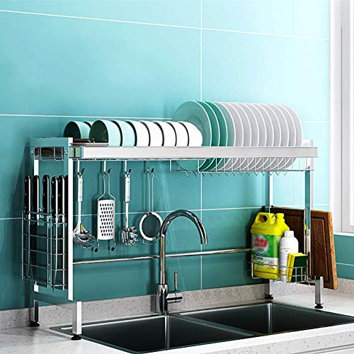 Over Sink Geschirrtrockner Küche, Edelstahl Geschirrablage Regal mit Utensilienhalter Zähler Organizer Geschirrkorb Silber 86cm (34inch)