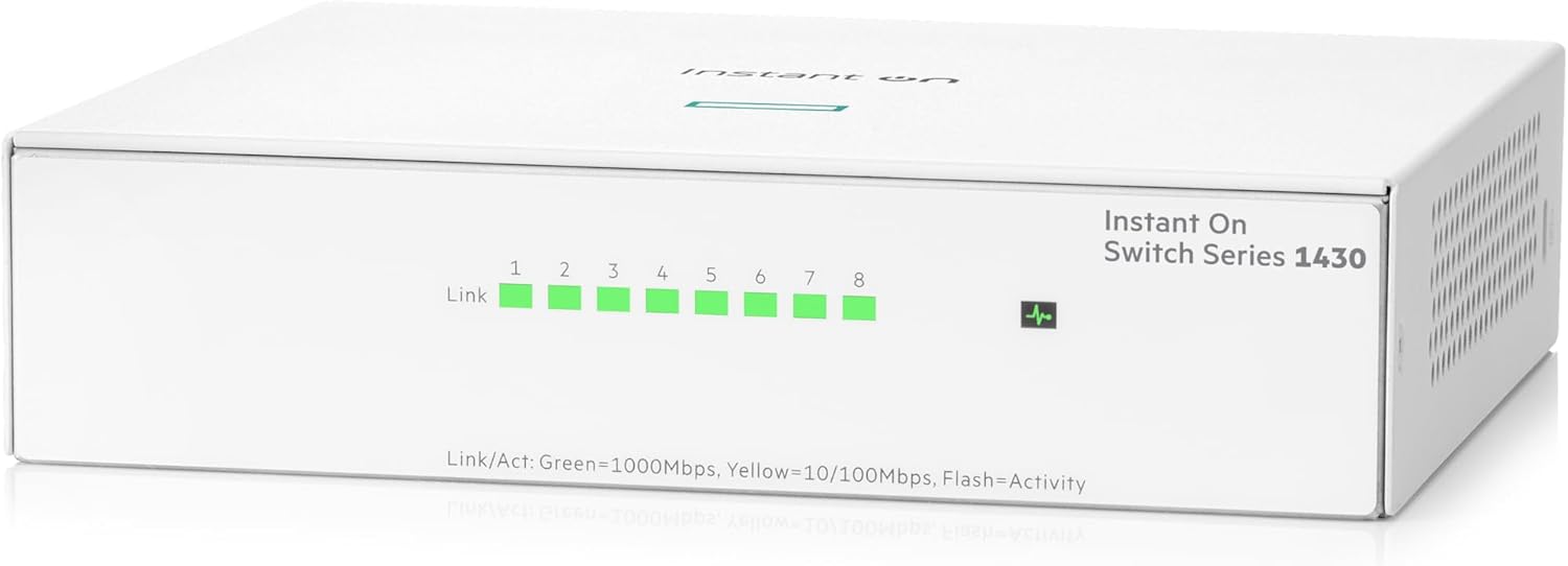 HPE Networking Instant On Switch Series 1430 8-Port Gb Unmanaged Layer 2 Ethernet Switch | 8X 1G | Fan-Less | US Cord (R8R45A#ABA)
