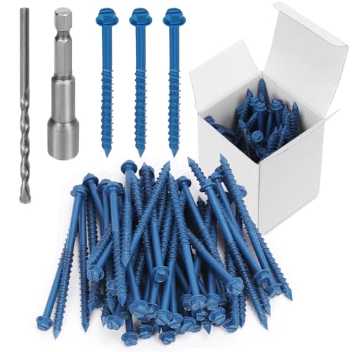 Swpeet Lot de 52 vis à béton à tête hexagonale fendue de 6,35 mm x 8,9 cm avec douille hexagonale et assortiment de forets, vis à ciment autotaraudeuses...