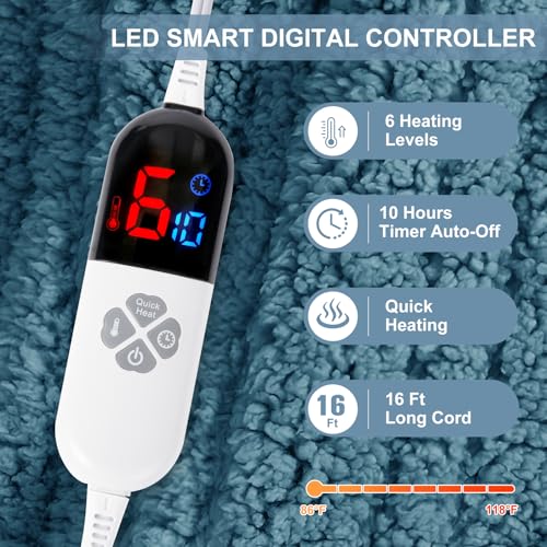 Electric Blanket Full Size 72"X84" Blue - Soft Double Sided Sherpa Heated Blanket Full Size with LED Display, 6 Heating Levels & 10 hrs Timer, Machine Washable & Fast Heating for Women