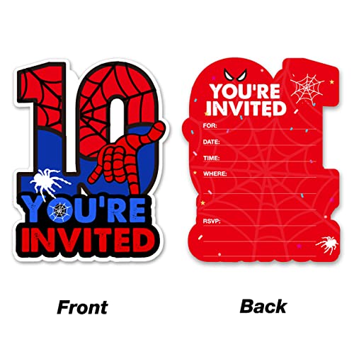 Superhero 10Th Birthday Party Invitations Glitter Super Hero 10 Year Old Boy Birthday Shaped Invites Fill-In Invitations With Envelopes, Set Of 20 #TOP1