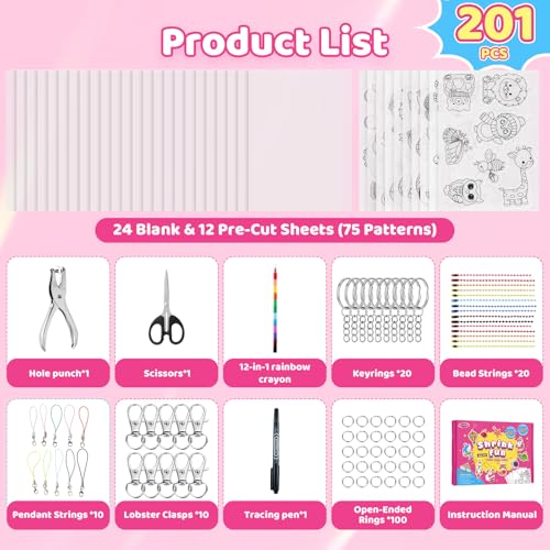 201pcs Shrink Paper Keychain Kit, 24 Blank & 12 Pre-Cut Sheets (75 Patterns) Crafts Kits for Kids Adults, Shrinking Art Activity Set with Hole Punch & Keychain Jewelry Accessories for DIY Crafts by Funtopia - Image 3