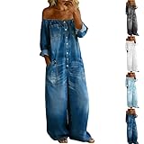 Blau Damen Off-Shoulder Denim Jumpsuit Mit Langarm Und Lockerer Passform Klassischer Waschung Overall Für Sommer Freizeit Alltag Party Hochzeit Elegantes Outfit Für Frauen Vielseitig Kombinierbar Grau