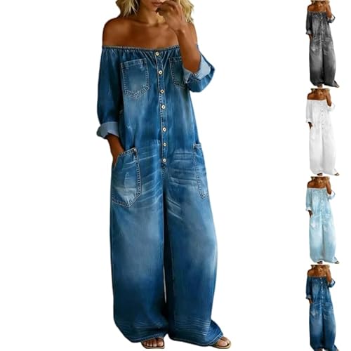 Jeans Jumpsuits Damen Overall Langarm Schulterfrei Eintei…