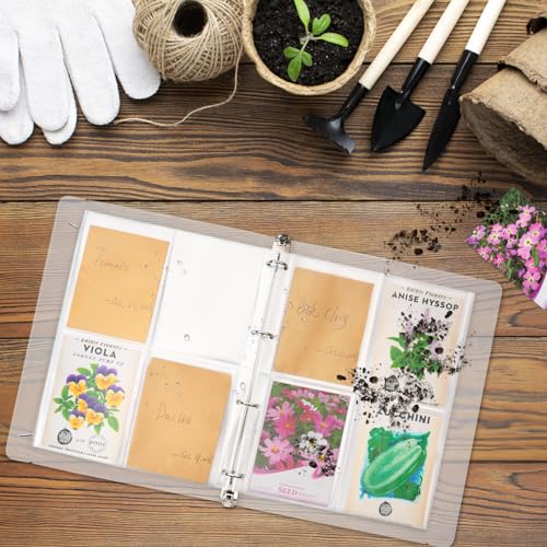 Go2trymo Saatgut-Organizer, 100 Samen-Aufbewahrungsumschläge, 25 Stück, 4 Taschen, transparente Hüllen, Schlitzgröße 9,9 x 13,2 cm, passend für Standard-Samenpakete und 1 Stück 4-Ringordner, grün