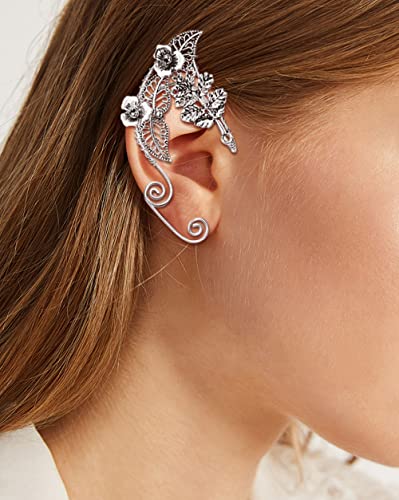 Sailimue Elf Ear Cuffs Handmade Clip-On Earrings Handcraft Hollowed Leaf Pearl Beads Wing Tassel Filigree Elf Ear Jewelry For Fantasy Fairy Ears Elven Cuff Wrap Earrings Halloween Cosplay Costum #TOP6