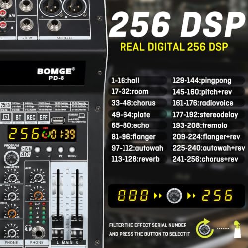 Image of BOMGE PD-8 Professional 650w Powered Mixer, 8 Channel Sound Mixer With Dual Wireless Mic, USB, 256-Bit Effects, Bluetooth,48V for Live Bands and DJs