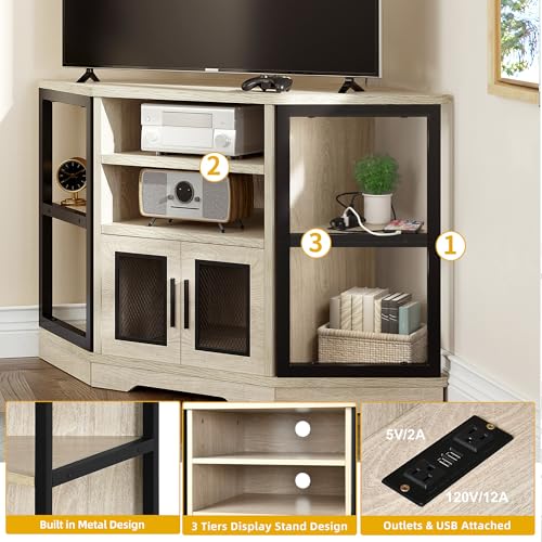 DWVO Farmhouse Corner TV Stand for Living Room, TV Stand for 55 Inch TV, Entertainment Center with Storage and Power Outlet, TV Console Cabinet, White Oak