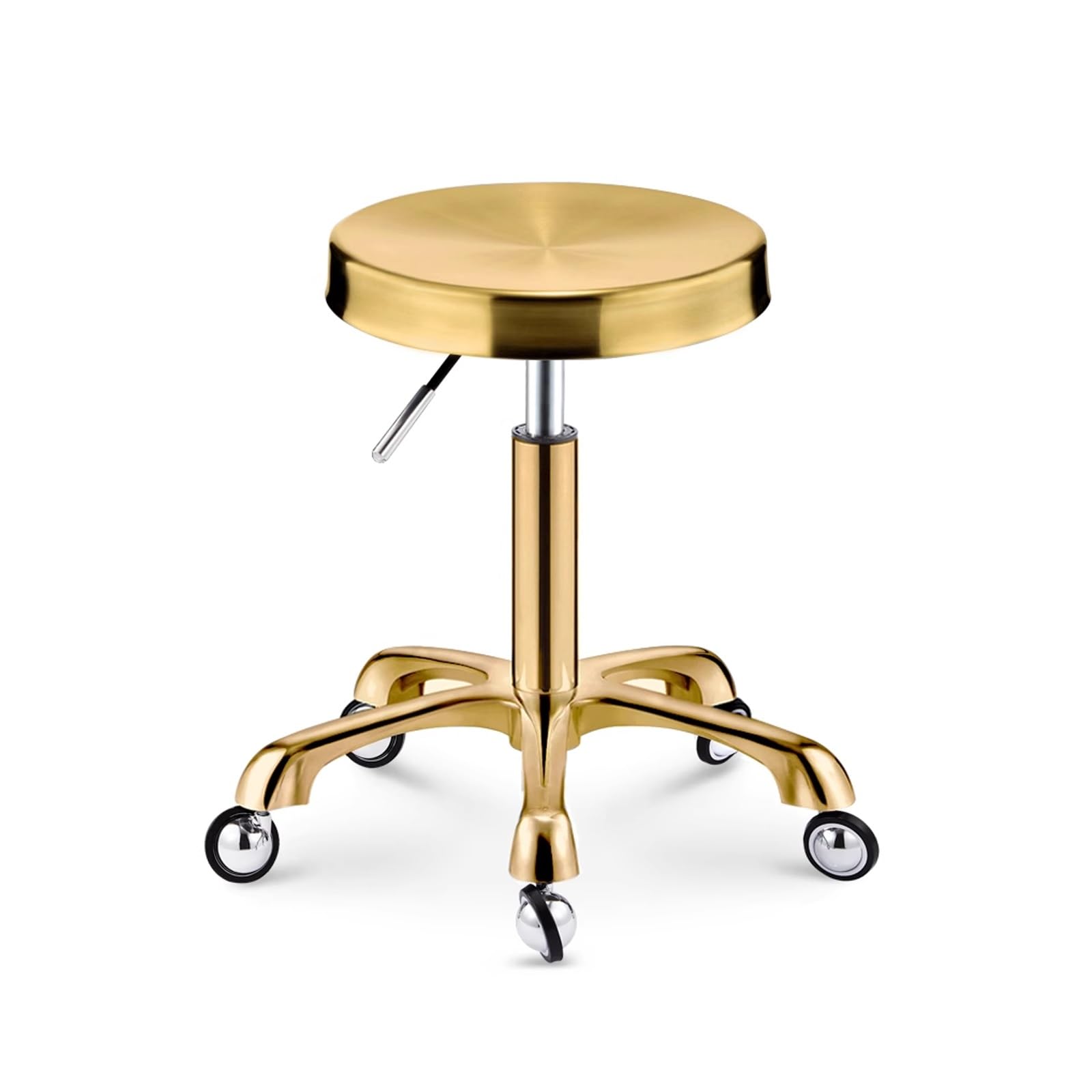 Rollhocker Höhenverstellbar 45-58cm 360° Drehbar Aluminiumfuß Arbeitshocker bis 200kg Belastbar Hocker mit Rollen für Büro Salon Massage Spa(Gold)
