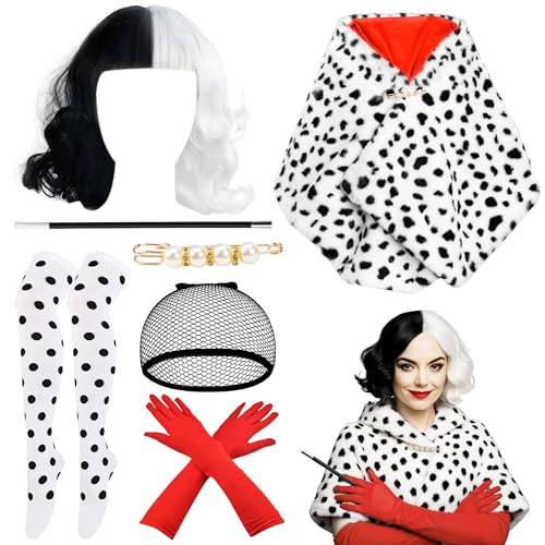 Abitoncc Disfraz de diablo de Halloween para mujer con chal manchado, peluca blanca y negra, guantes rojos, medias de punto, para el Día Mundial del Libro, disfraz de diablo de Halloween para mujeres
