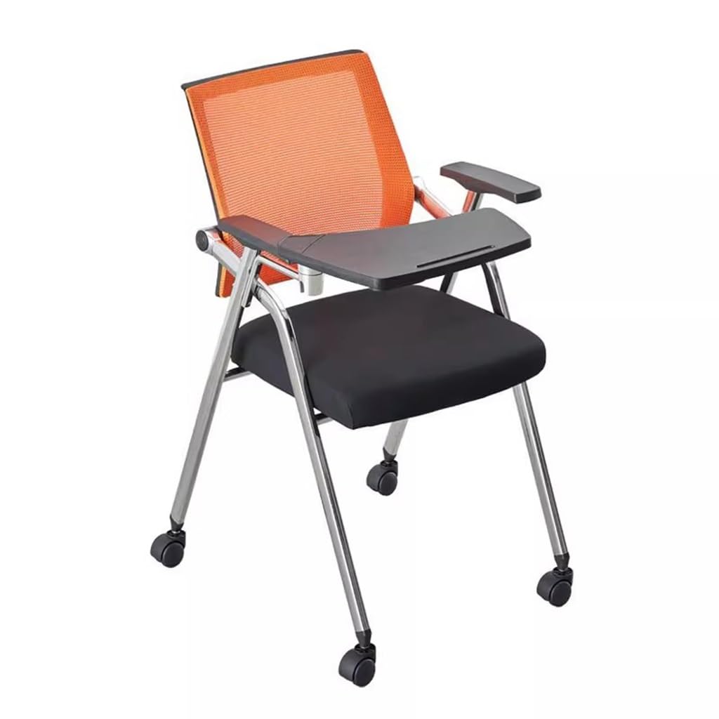 MYUYEE Folding Office Chair With Desk Attached And Wheels,Mesh Guest Reception Chairs With Arm,Rolling Chair For Office,School,Training Waiting Room (Orange)