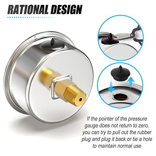 Image of MEANLIN MEASURE -30inHG~30Psi Stainless Steel 1 /8 inch NPT 2.5 inch FACE DIAL Vacuum Pressure Gauge, Center Back Mount, with 1 /4 inch NPT and 3 /8 inch NPT Hex Bushing