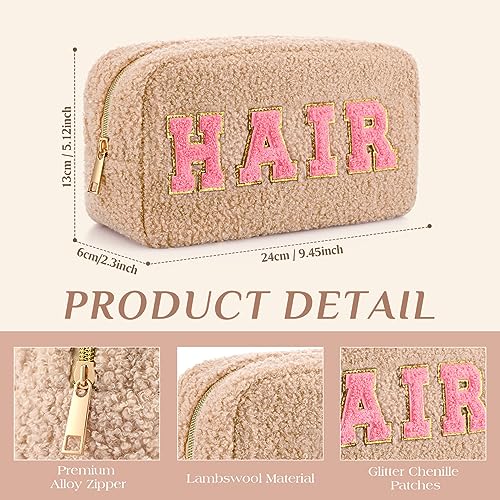 Paterr 4 Pcs Chenille Letter Preppy Patches Makeup Bag Plush Fuzzy Makeup Pouch Hair Skin Face Stuff Bag Large Cosmetic Purse Zipper Travel Toiletry Kit for Spring Gift(Pink Brown Colors)2