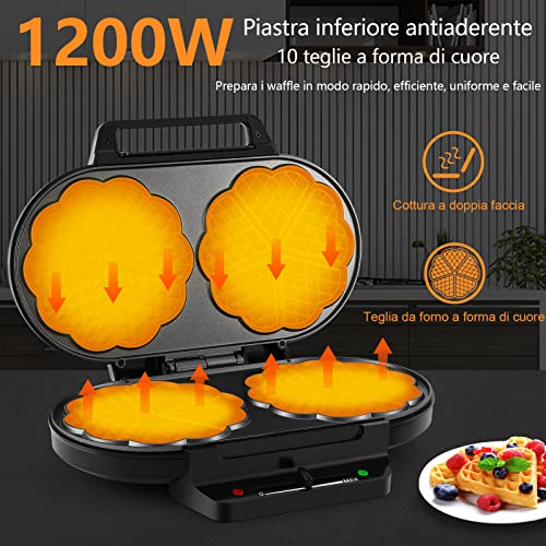 YASHE SW-2122M Belgische Waffel Piastra Waffle Cuore, 10 Waffle Classici a Forma di Cuore con Rivestimento Antiaderente, 5 Regolazioni di Temperatura, Spie Luminose, 1200W, Argento/Nero - immagine 3